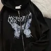 Kadın Hoodies Tişörtü Bayan Y2K Boy Hoodie Kelebek Grafik Rhinestone Tam Zip İpli Ceketler E-Girl 90s Uzun Ceket