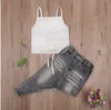 Çocuklar Bebek Kız Giysileri Setleri Yaz Halter Beyaz Dantel Yelek + Yırtık Çan Alt Denim Pantolon Jeans Çocuk Kıyafetler