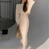Koreański Elegancki Dzianiny Dwuczęściowe Zestawy Spódnica Kobiety Krótkie Pullover + Wysoka Talia Długie Garnitury Ladies Moda 2 szt 210518
