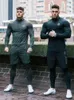 Men's Skinny Fitness 3 Pieces Sets Bodybuilding Cycling Stretch Tracksuits Tight Long Sleeve Sportswears+ 2 in 1 Leggings Pants 211230