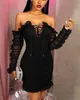 Women Solid Lace-Up Off Shoulder Ruffles Ruched Dress Female Off Shoulder Black Party Cocktail Dress Lady Sexy Bodycon Dress 210415