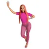 2022 Dwuczęściowe zestawy Sheer Meth Spodnie jogi dla kobiet Designer Odzież Krótkie rękaw Legginsy Sweetsuits Sexy Sport Suit