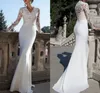 2022 Trompet Trouwjurken V-hals Sweep Trein Kant Bruidsjurk Lange Land Sexy Backless Illusion Sleeve Custom Size Vestido de Noiva Robe de Mariage