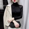 Korean fashion Women Mesh top High neck Sexy Black bottoming t shirt Casual Bright silk Lady Blusa 210720