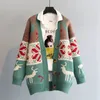 Frauen S Pullover Herbst Winter New Green Cardigan Mantel Koreanische Art Lose Dicke Rot V-Ausschnitt Hirsch Jacquard Gestrickte Top Frauen