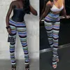 Kobiety Wysoka talia Dzianiny Długie Spodnie Multicolor Paski Hipster Skinny Plised Ułożone Spodnie Vintage Bell Bottom Streetwear 211129