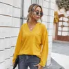 T-shirt autunno inverno donna casual allentato solido scollo a V manica lunga tasche Decor maglietta lavorata a maglia moda donna pullover top 210522