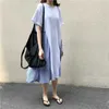 Primavera e l'estate moda coreana casual vestito allentato cuciture a righe semplice girocollo a maniche corte da donna 210615