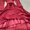 Viola/Rosso Chiffon Pieghettato Abito Lungo Delle Donne Del Manicotto Della Lanterna Girocollo Scava Fuori Abiti Donna Vintage Abito Primavera Autunno 2021 Y0603