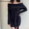 キムトモニットドレス女性秋韓国ファッション女性ソリッドスラッシュネックオフショルダーハイウエストボディコンミニVestidos 210521