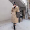 Yedinas hiver Long manteau femmes à capuche Parka dames épais chaud veste avec ceinture élégant grand col de fourrure manteaux femme 210527