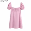 Kvinnor Söt Rosa Plaid Skriv ut Rygg Elastisk Casual Mini Klänning Kvinnlig Chic Pleat Puff Sleeve Lace Up Bow Vestidos DS8232 210420