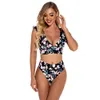 Ruffle High Waist Bikini Baddräkt Kvinnor Badkläder V-Hals Två Pieces Set Tryckt Blommig Baddräkt Swim Kvinna 210520