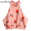 Zomer mouwloze backles blouses bloemen print elastische riemen casual vakantie gewas tops vrouwelijke slanke halter top 210604