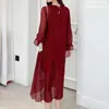 Autumn Vintage Chiffon Women Dress Elegant Flare Sleeve Dot Pleated Red Slim Midi es For Vestidos 7918 210512