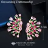 Symmetrical Punk Flower Green Pink Cubic Zirconia Large Stud Earrings for Women Luxury Jewelry Accessories CZ705 210714