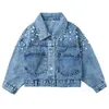 Jackets Girls Fall Fashion Denim Children Clothes Single-breasted Lapel Beading Casual Toddler Girl Spring Girly Outerwear