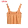 Mulheres Verão Laranja Laranja Colhido Tanques De Malha Tops Vintage Collar Quadrado Backless Camis Mujer Be616 210416