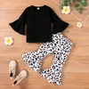 Conjuntos de roupas outono toddler inverno crianças bebê meninas roupas pretas t-shirt Tops + Leopard Imprimir Calças Bell-Bottomed Flared Outfits Set