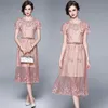 Rosa Süße Spitze Kleid Sommer Frauen Chic Gürtel Elegante Oansatz Kurzarm Casual Boho Midi Kleider Vestidos 210519