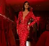 Glitter Red Mermaid Evening Dresses Beading Sequins Long Sleeve Prom Gowns Deep V Neck Party Second Reception Dress