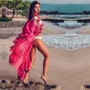 Bikini Kapak-UPS Bohemian Nokta Baskılı Flare Kol RIFFED Yaz Plaj Elbise Şifon Tunik Kadın Mayo Kapak Up Q914 210420