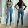 Hoge taille stretch skinny vrouwen jeans broek split manchet vrouwelijke potlood stromwear denim broek 752a 210420