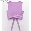 Zevity Women Shimple V Neck裾の蝶のシックな紫色のキャミスタンクレディースノースリーブベストスリムTシャツカジュアルクロップトップLS9012 210603