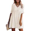 Vestido de Verão Plus Size Casual Casual Cintura Cintura Dot Malha V-Pescoço Cor Sólida Manga Curta Verão Sundresses Moda Vestidos X0521