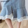Gaganight Fashion Lace Patchwork Jeans Women Skirt High Waist Plus Size Faldas A Line Lady Elegant Lady Mini Short Skirts Ruffle 210519