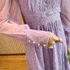 Zoete paarse fee vintage jurk Franse lente elegante kant hoge taille casual slanke midi vrouwelijke 210519