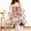 Women Boho Blouses Floral Print Ruffles Flare Sleeve Blusas Flower Shirts Lace Patchwork Loose Female Summer Chiffon Tops 210416