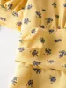 Élégant français femmes col en V jaune couleur imprimé fleuri robe été simple boutonnage boutonné chemise fente Vestido 210429