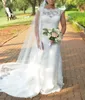2022 Romantic Mermaid Wedding Dress Cap Short Sleeve Boat Neckline V Open Back Zipper Court Train Womens Plus Size Bridal Dresses