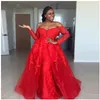 Eleganckie koronkowe aplikacje sukienki wieczorowe z długim rękawem Overskirt Overskirt Formalna Dress Red Tulle Długie Suknie Prom