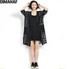 플러스 사이즈 쉬폰 코트 여름 스타일 패션 여성 의류 검은 색 격자 무늬 인쇄 느슨한 반 슬리브 레이디 긴 카디건 210719