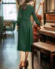 Женщины элегантный зеленый платок воротник с длинным рукавом на колене платье винтажная кнопка твердый D2200 210514