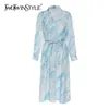 Drukowanie Tie Dye Dress Dla Kobiet Lapel Z Długim Rękawem Wysoka talia Lace Up Bowknot Chic Sukienki Kobiet Moda 210520