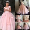 Robes de fille dentelle fleur fille pageant avec blush rose applique une ligne pure cou balayage train adolescents fête d'anniversaire robes de communion