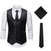 Heren Black Paisley 3 stks Bloemen Jacquard Vest Vest Zakdoek Das Pak Pocket Square Set XXL