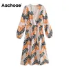 Femmes robes printemps automne Vintage col en V imprimé Midi femme une ligne à manches longues Chic fendu robe de soirée 210413