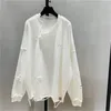 Suéter holgado coreano, camisas para mujer, nuevo agujero rasgado BF, cuello redondo suelto, manga larga, longitud media, Top, sudadera informal con capucha 210330