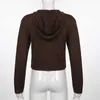 Zoete Vintage Bruin Solid Y2K Hooded Sweaters Dames Herfst Winter Lantaarn Mouw Zip Up Jacket Cardigan Gebreide Hoodies 2021 Y0825