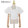 Chemise blanche décontractée pour femmes col carré bouffée à manches courtes patchwork blouses femme mode d'été 210524