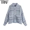 TRAF Women Fashion With Pocket Tweed Jacket Coat Vintage Long Sleeve Button-up Female Outerwear Chic Overshirt 210928