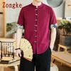 Zongke verão casual manga curta camisa homens estilo chinês lençóis de algodão meia roupa masculina marca M-5XL 210809