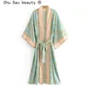 Försäljning av vintage boho blommig tryck lång kimono cardigan sommar toppar bälte beachwear vestido blusas mujer 210721