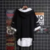 super Fire Ribbon Hooded Hip Hop Kortärmad Hip Hop Mode T-shirt Herr falska tvådelad Street Bf Lös Femärmad T-shirt Y0809