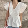 Kore Chic Mizaç Beyaz V Boyun Uçan Kol Bluz Kadın Pileli Ince Bel Ruffled Hem Bebek Gömlekleri Blusas Mujer 210610 Tops