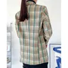 Vintage femmes vert Plaid Blazers mode dames col cranté manteaux casual femme Chic Double boutonnage veste 210527